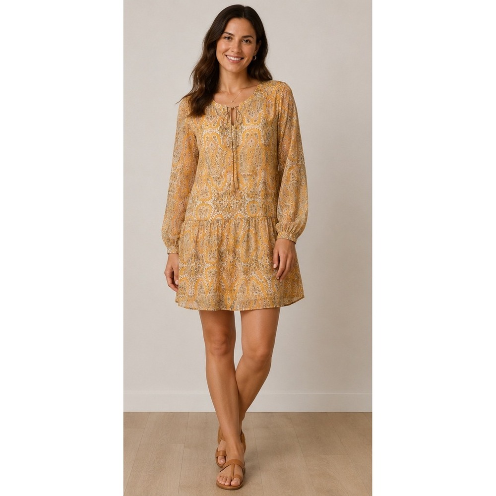 Zara Yellow Paisley Long Sleeve Drop Waist Tie Neck Shift Dress Boho Mini XS